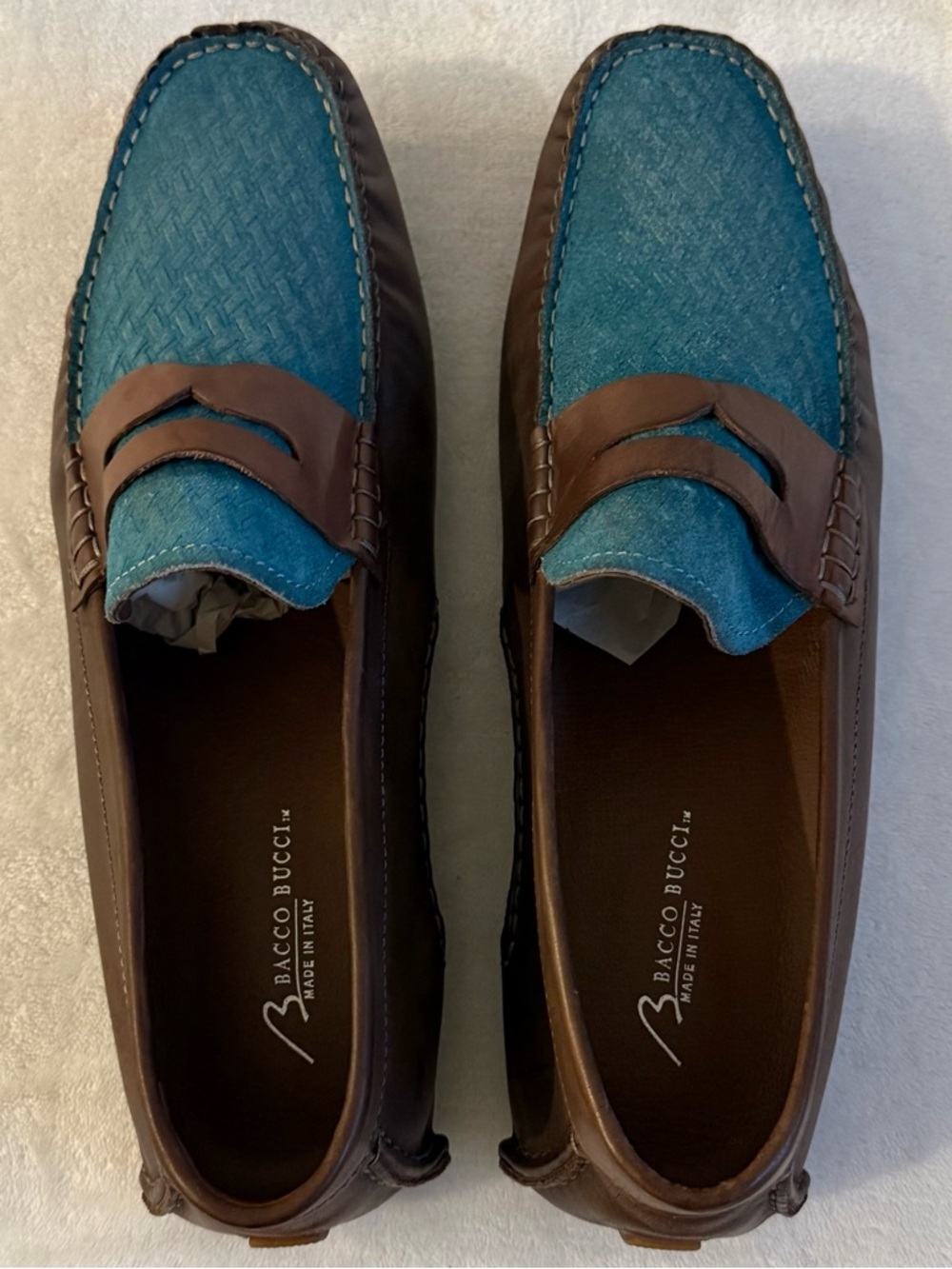 Bacco Bucci Albatros Leather Penny Loafers Tan Blue Suede - Picture 8 of 14